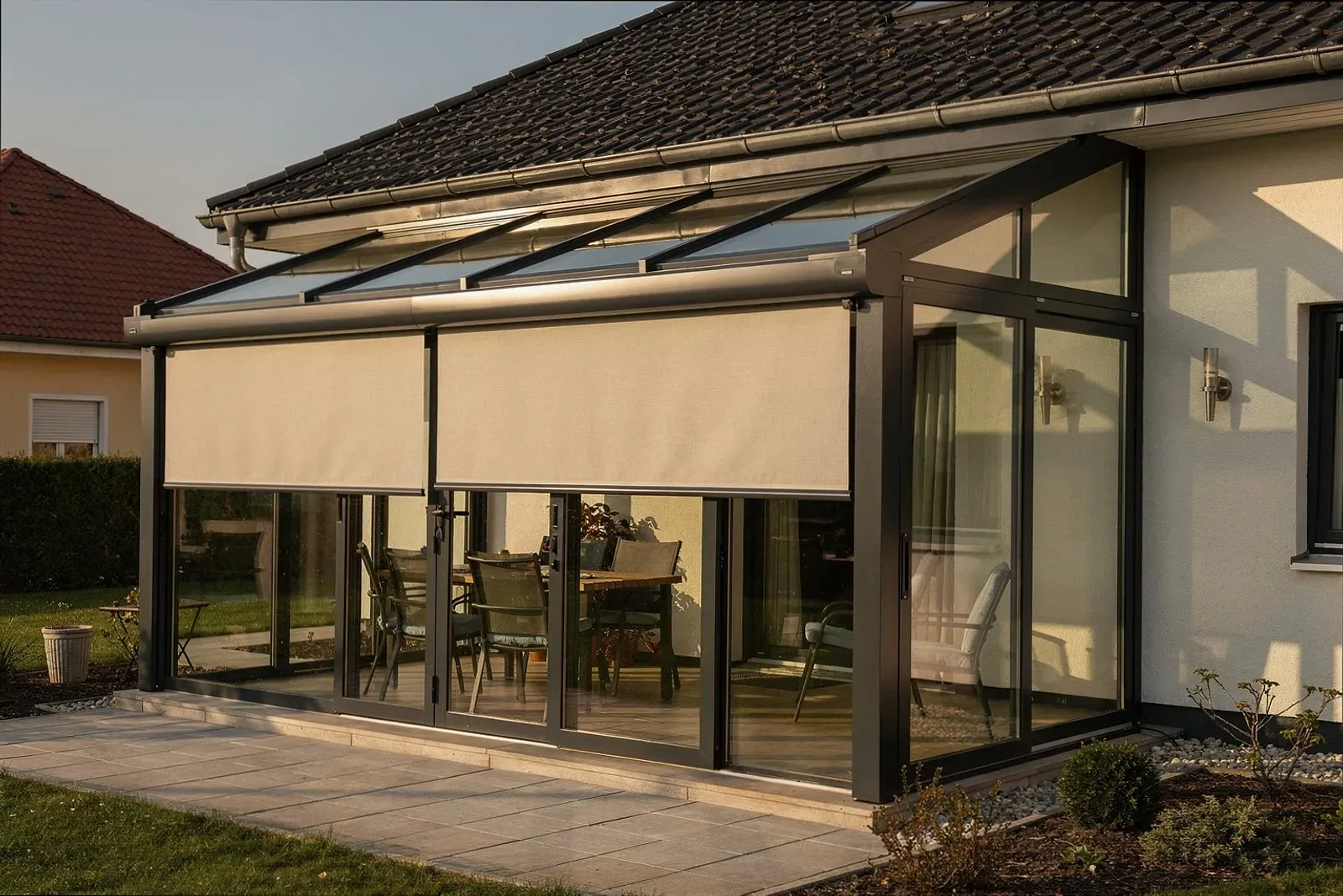 Sonnenschutz außen auf dem Glasdach eines Wohnwintergartens in Erfurt